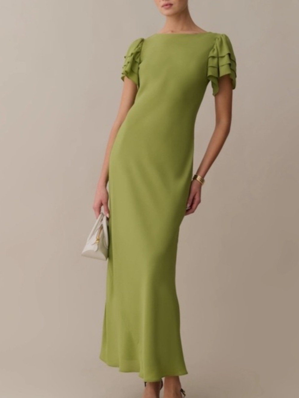 Leonore Flutter Sledve Sculpted Olive Green Maxi Dress